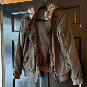 Forever 21 Olive Jacket with Faux Fur Hood